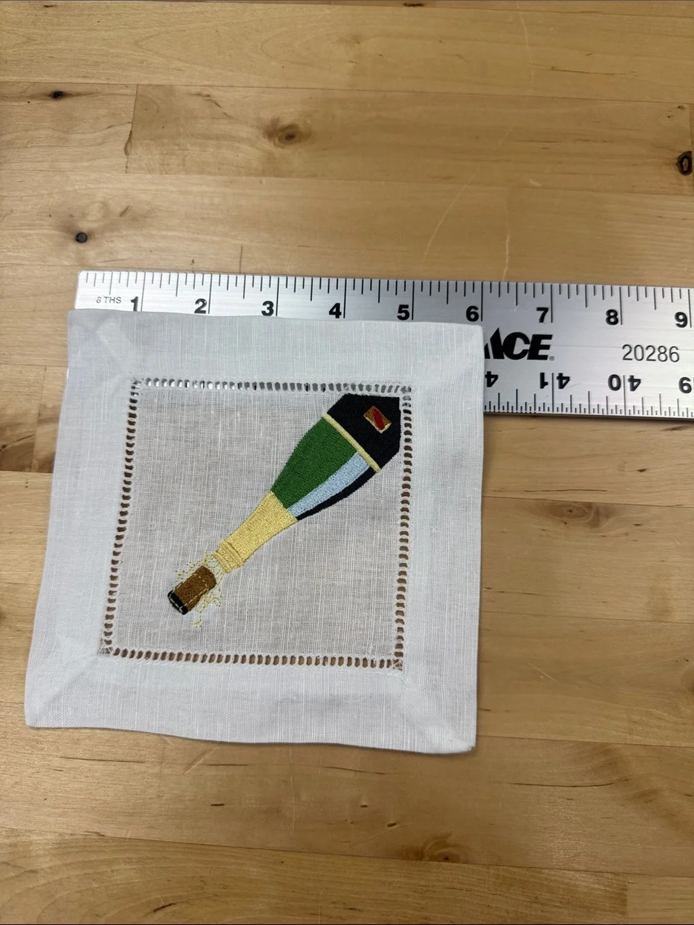 Champagne Bottle Embroidered Linen Cocktail Napkins - White/Green